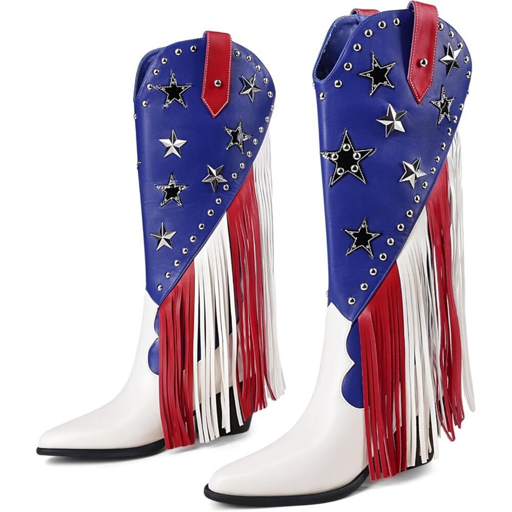 Women's White Patriotic Fringe Studded Cowboy Boots Pointed Toe Chunky Heels